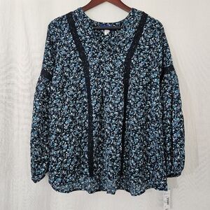 Simply Styled V-Neck Long Sleeve Lace Trim Floral Print Blouse in Blue Size S